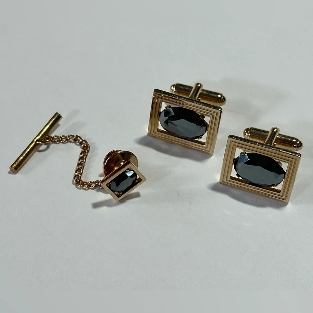 Vintage 1950s Anson Hematite Stone Cufflinks & Tie Tac Lapel Pin Accessory Lot